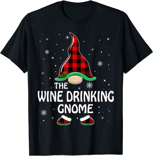 Wine Drinking Gnome Buffalo Plaid Matching Family Christmas T-Shirt