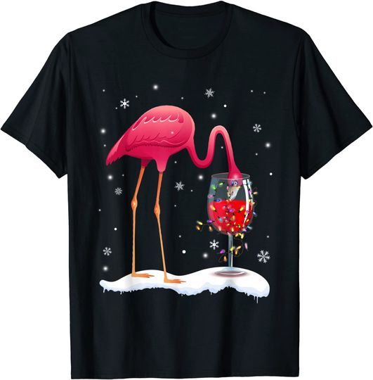 Funny Pink Flamingo Drink Wine On Christmas Xmas Gift T-Shirt