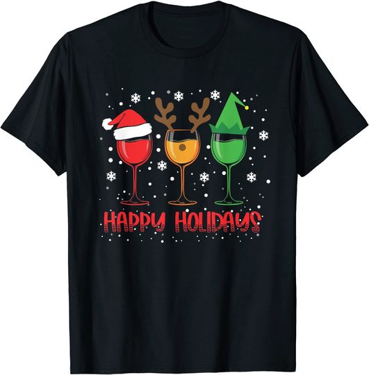 Happy Holidays Christmas Three Glasses of Wine Santa Hat T-Shirt