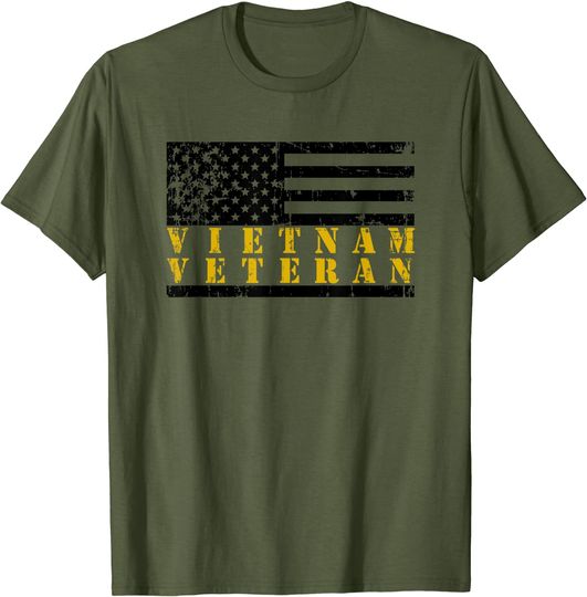 Vietnam Veteran Yellow Text Distressed American Flag T-Shirt
