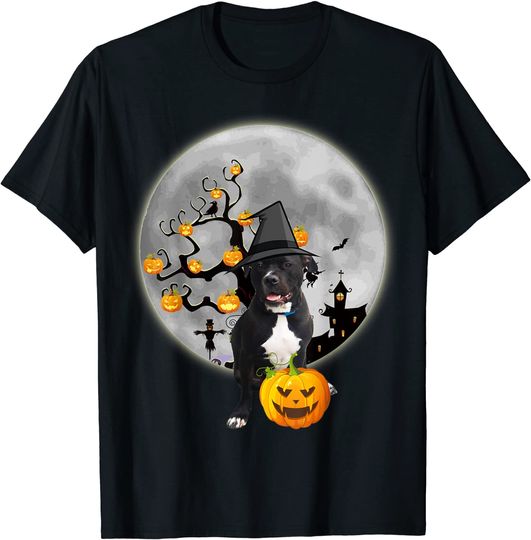 Pitbull dog with witch hat Pumpkin Halloween Tshirt