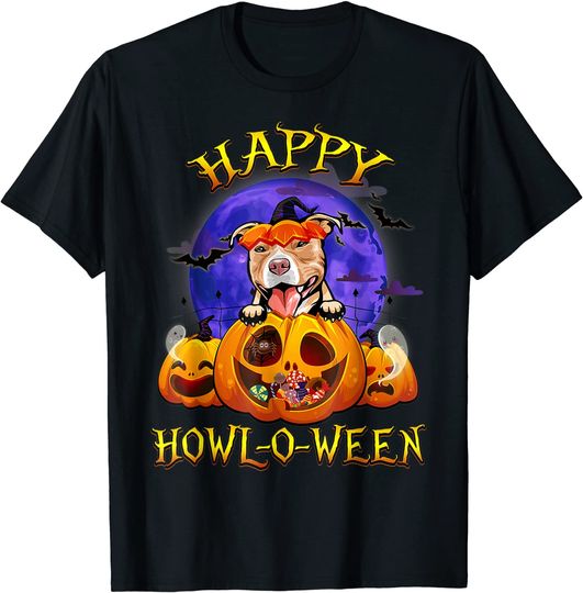 Happy Halloween Pitbull With Moon Pumpkin Dog Lover T-Shirt