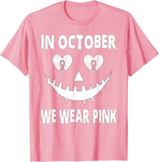 In October We Wear Pink Breast Cancer Jackolantern Halloween T-Shirt