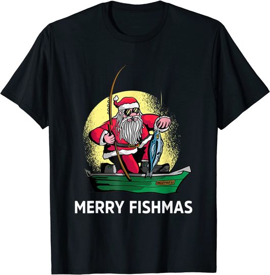 Merry Fishmas Santa Fishing Santa On A Boat Fishing Xmas T-Shirt