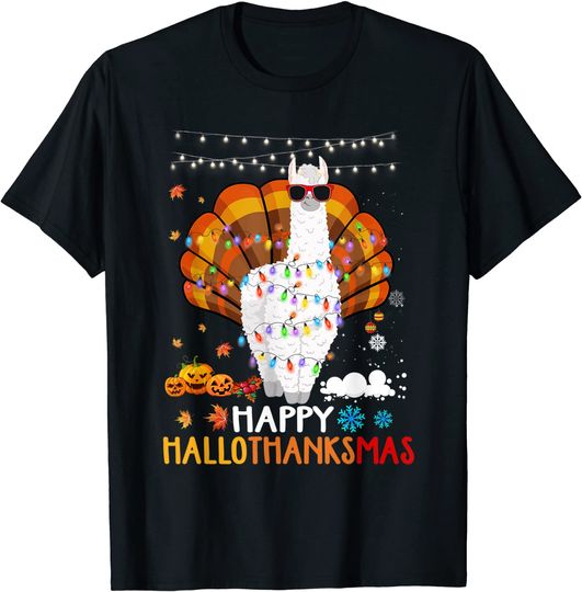 Llama Happy Hallothanksmas Halloween Thanksgiving Xmas T-Shirt