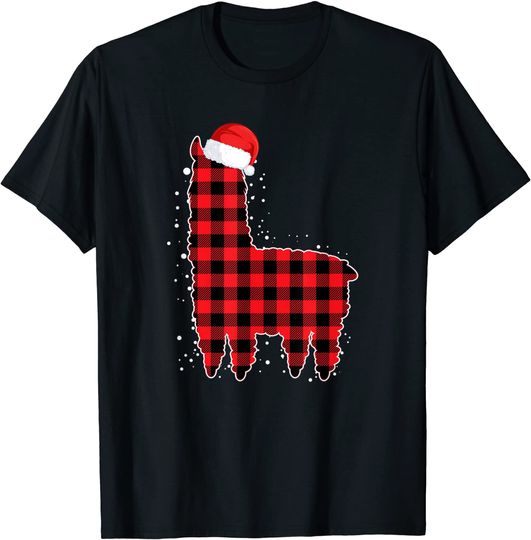 Plaid Llama Christmas Pajama Funny Santa Hat Llama Gifts T-Shirt