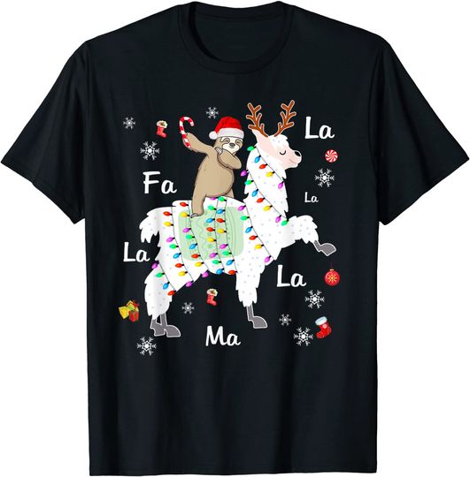 Santa Sloth Riding Llama Reindeer Christmas T-Shirt
