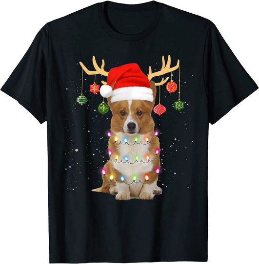 Reindeer Corgi Dog With Santa Hat Christmas Light Xmas T-Shirt