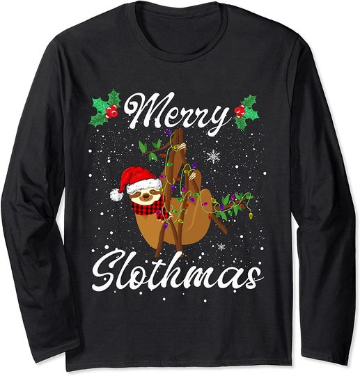 Sloth Santa Lights Christmas Merry Slothmas Pajamas Long Sleeve T-Shirt