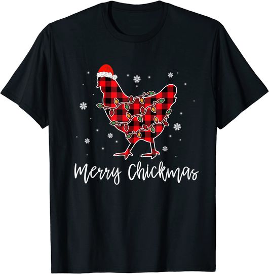 Merry Chickmas Red Plaid Pajama Chicken Santa Hat Chritsmas T-Shirt