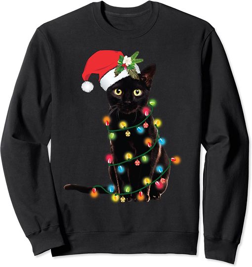 Black Cat Santa Tangled Up In Christmas Lights Sweatshirt