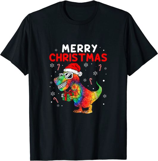 Tie Dye Santa Christmas Dinosaur T-Shirt