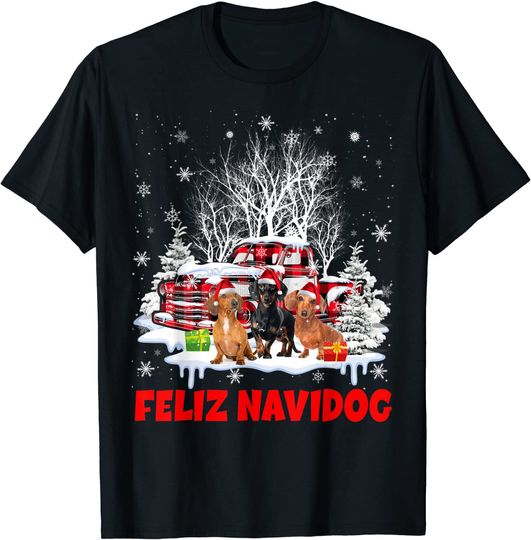 Feliz Navidog Merry Xmas Santa Dachshund Dog Plaid Truck T-Shirt
