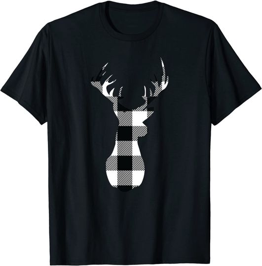 Classic White & Black Christmas Buffalo Plaid Deer Head T-Shirt