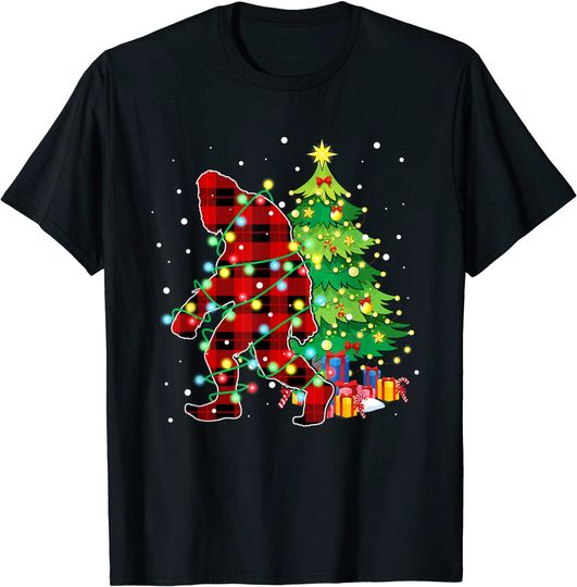 Red Plaid Bigfoot Beside Christmas Tree T-Shirt