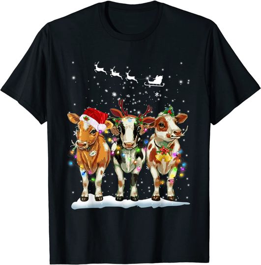 Cow Reindeer Hat Santa Christmas Light Funny Cow Christmas T-Shirt