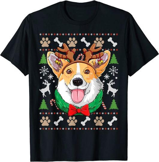 Corgi Ugly Christmas Reindeer Antlers Xmas Dog T-Shirt