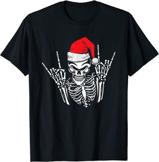 Skeleton Santa Hat Rock And Roll Hand Cool Christmas T-Shirt
