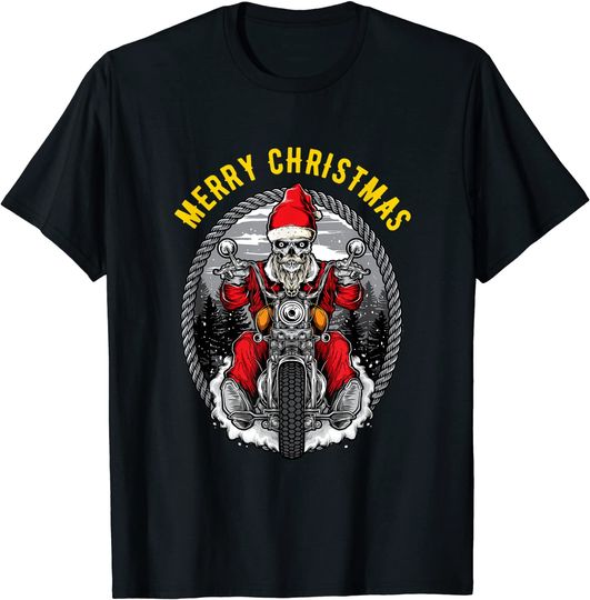 Christmas Motorcycle Santa Claus Biker Rider Skull T-Shirt