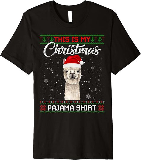 This Is My Christmas Pajama Llama Santa Hat Xmas Ugly Premium T-Shirt