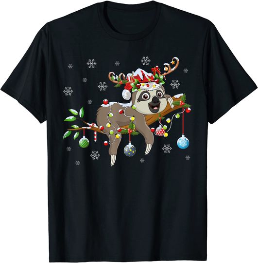 Sloth Lover Xmas Gift Sloth Reindeer Light Christmas T-Shirt