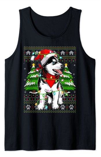 Xmas Lighting Ugly Santa Siberian Husky Christmas Tank Top