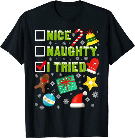 Christmas Nice Naughty I Tried Men Women Xmas Tree Light Men T-Shirt