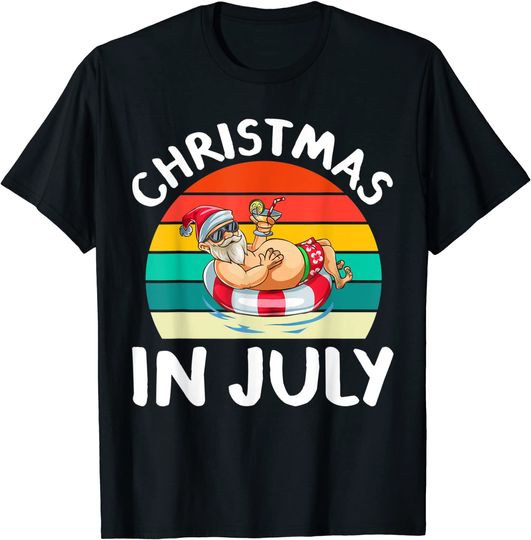 Christmas In July Vintage Santa Hawaiian Surfing Summer Surf T-Shirt