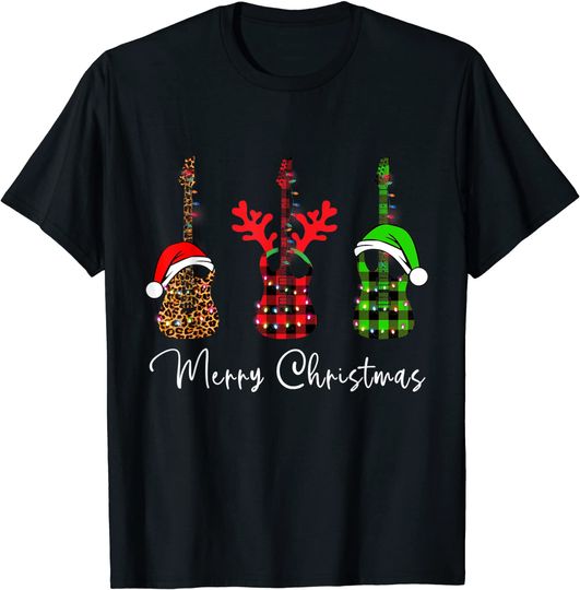 Merry Christmas Guitar Red Plaid Buffalo T-Shirt