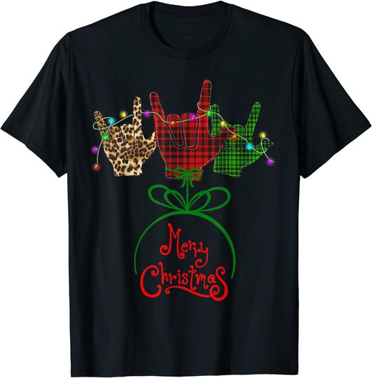 Merry Christmas ASL Sign Plaid Leopard Costume T-Shirt