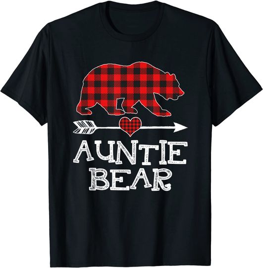 Auntie Bear Christmas Pajama Red Plaid Buffalo Family Gift T-Shirt