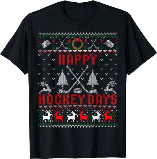 Happy Hockey Days Funny Ugly Christmas T-Shirt