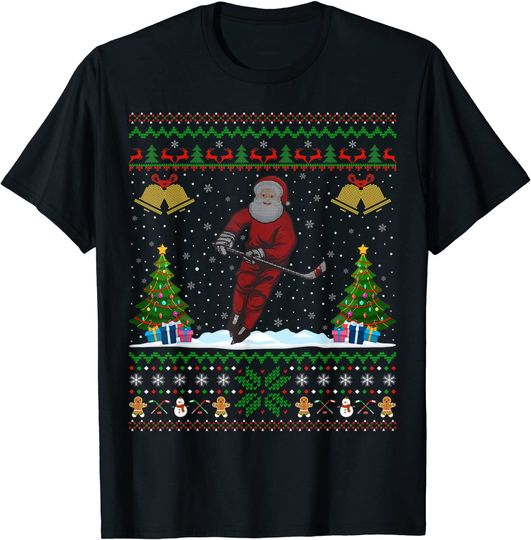 Santa Playing Ice Hockey Xmas Gift Ugly Ice Hockey Christmas T-Shirt