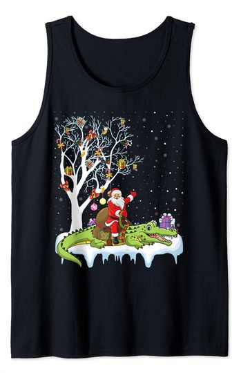 Xmas Lighting Tree Santa Riding Alligator Christmas Tank Top
