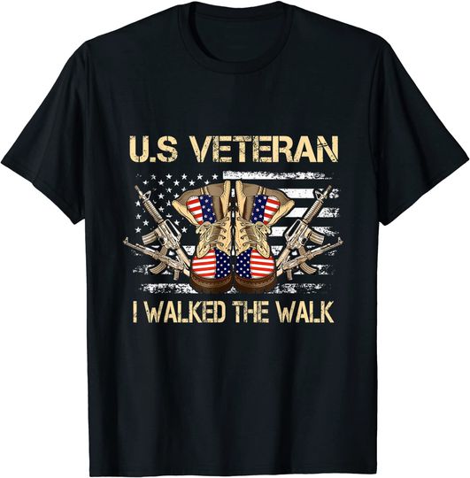 US Veteran I Walked The Walk Combat Boots USA Flag T-Shirt