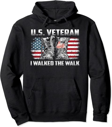US Veteran I Walked The Walk Combat Boots Dogtag USA Flag Pullover Hoodie