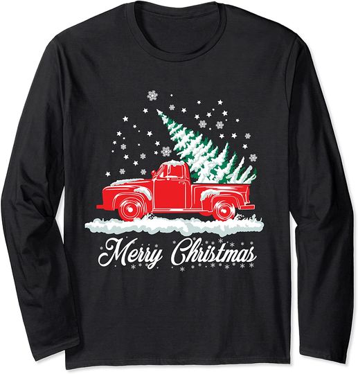 Old Red Truck With Christmas Tree Long Sleeve