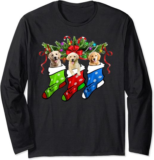 Funny Three Golden Retriever In Sock Christmas Tee Dog Lover Long Sleeve