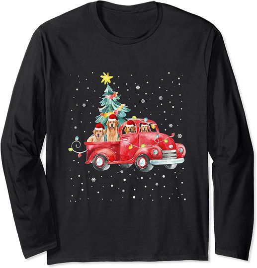 Golden Retriever Riding Red Truck Xmas Merry Christmas Long Sleeve