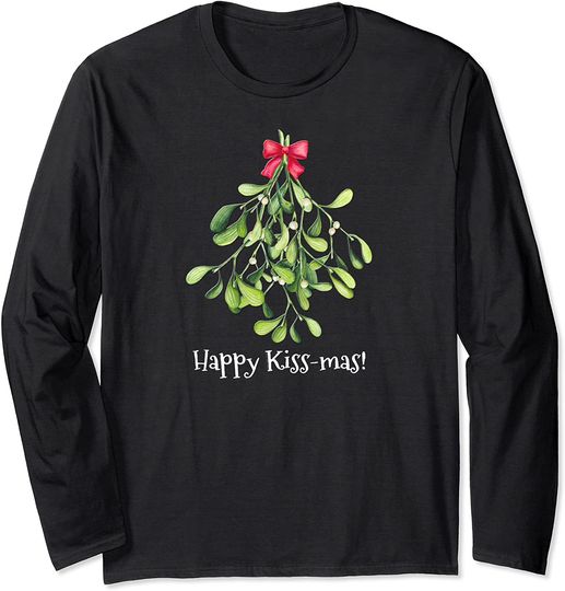 Merry Kiss Mas Green Mistletoe with Red Bow Christmas Long Sleeve
