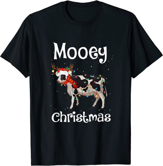 Cow Reindeer Hat Santa Christmas Tree With Light Strings T-Shirt