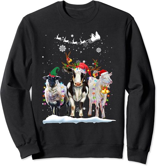 Farm Animal Christmas Tree Sheep Cow Goat Reindeer Lights Sweatshirt