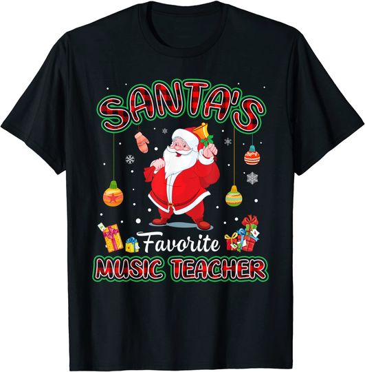 Santa's Favorite Music Teacher Santa Red Plaid Christmas T-Shirt