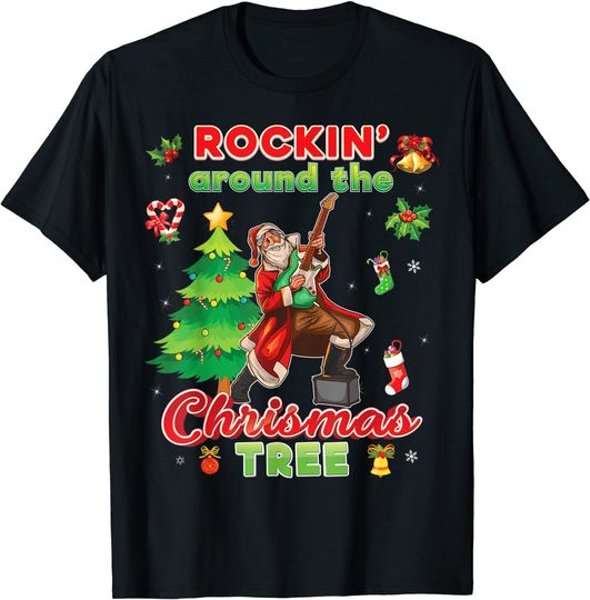 Rockin Around The Christmas Tree Santa Rock Playing Guitar T-Shirt