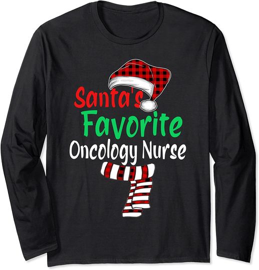 Santa's Favorite Oncology Nurse Christmas Santa Red Plaid Long Sleeve