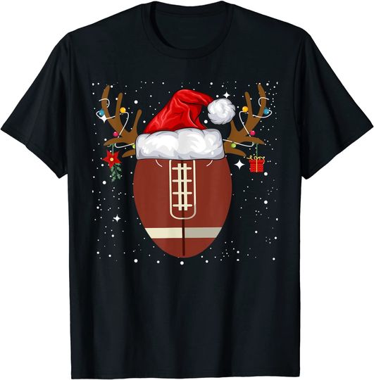 Football Reindeer Santa Hat Christmas Holiday T-Shirt