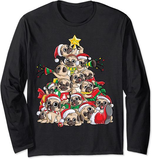 Pug Christmas Tree Dog Santa Merry Pugmas Xmas Long Sleeve