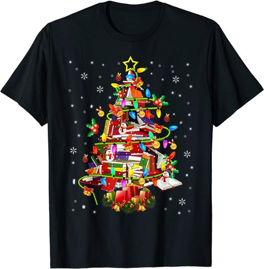 Xmas Tree Library Xmas Lights Tree Book Lover Librarian T-Shirt
