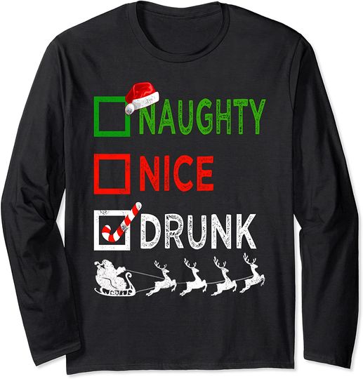 Naughty Nice Drunk Christmas Pajamas Funny Santa Hat Xmas Long Sleeve