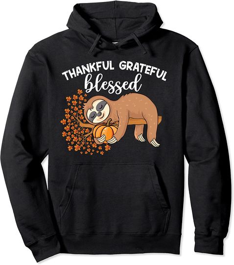 Sloth Holding Pumpkin Thankful Grateful Blessed Autumn Sloth Pullover Hoodie